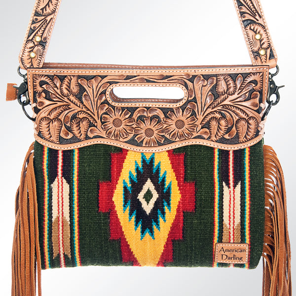 ADBG496 American DarlingAztec Wool Crossbody Bag with Hand Tooled Leather & Fringe