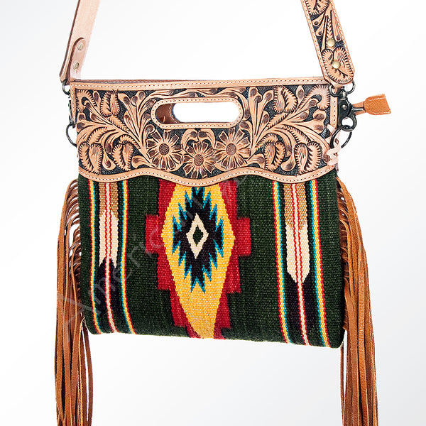 ADBG496 American DarlingAztec Wool Crossbody Bag with Hand Tooled Leather & Fringe