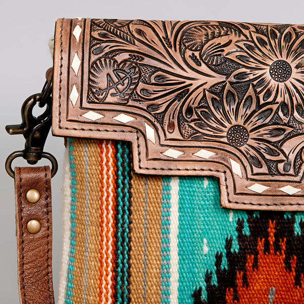 ADBG586 Tooled Leather & Saddle Blanket Crossbody Bag Western Fringe Purse by American Darling