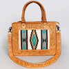 ADBG582 Tooled Leather Western Tote with Southwestern Wool Inlay Floral Carved Satchel Bag