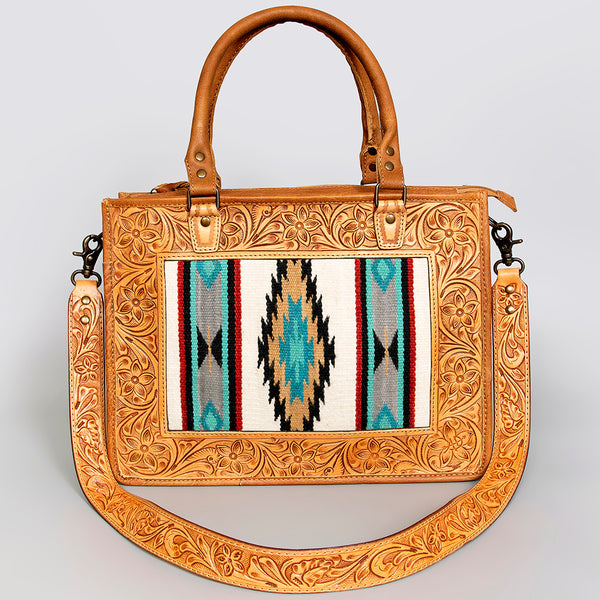 ADBG582 Tooled Leather Western Tote with Southwestern Wool Inlay Floral Carved Satchel Bag