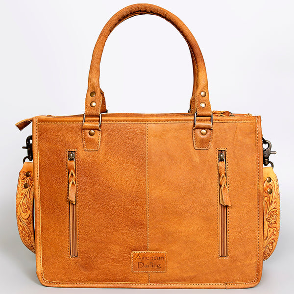 ADBG582 Tooled Leather Western Tote with Southwestern Wool Inlay Floral Carved Satchel Bag