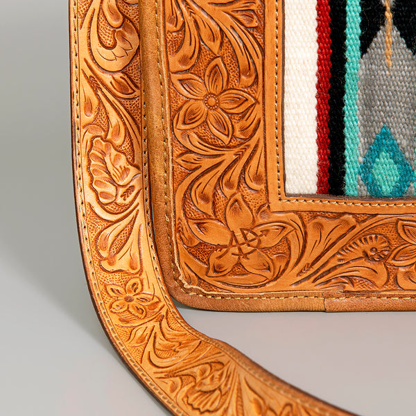 ADBG582 Tooled Leather Western Tote with Southwestern Wool Inlay Floral Carved Satchel Bag