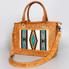 ADBG582 Tooled Leather Western Tote with Southwestern Wool Inlay Floral Carved Satchel Bag