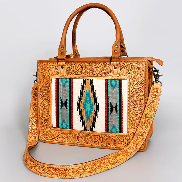ADBG582 Tooled Leather Western Tote with Southwestern Wool Inlay Floral Carved Satchel Bag