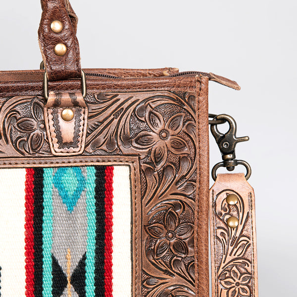 ADBG583 Hand-Tooled Leather Satchel with Southwestern Wool Inlay Brown Floral Western Tote Bag