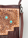 LC-ADBGZ263 Tooled Leather Fringe Messenger Bag - Western Floral with Turquoise Accents