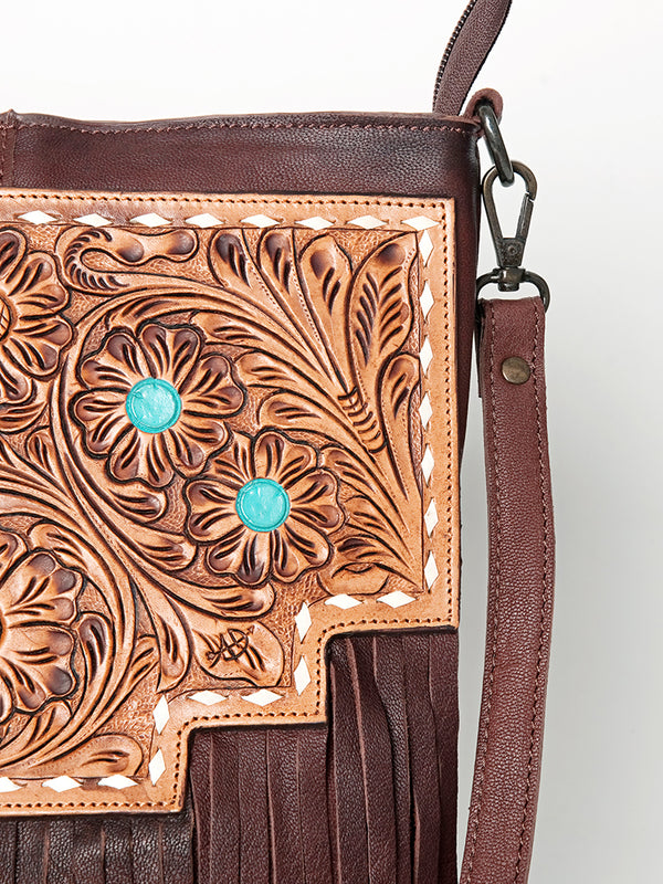 LC-ADBGZ263 Tooled Leather Fringe Messenger Bag - Western Floral with Turquoise Accents