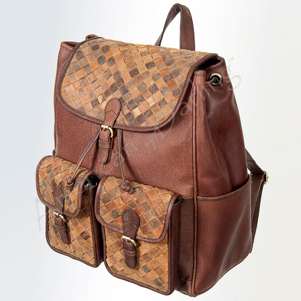 LC-ADBGI122A Woven Leather Panel Backpack - Western Drawstring Bag with Dual Front Pockets