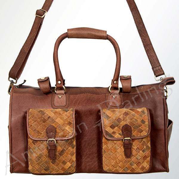 LC-ADBGI124A Woven Leather Panel Duffel Bag - Western Travel Weekender with Dual Front Pockets