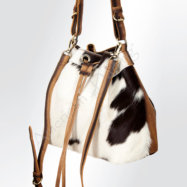 LC-ADBGI125B Hair-On Hide Drawstring Bucket Bag - Western Cowhide Purse with Adjustable Strap