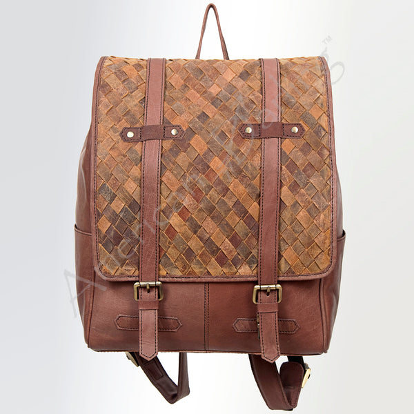LC-ADBGI132A Woven Leather Backpack - Western Full-Grain Buckle Flap Travel Bag