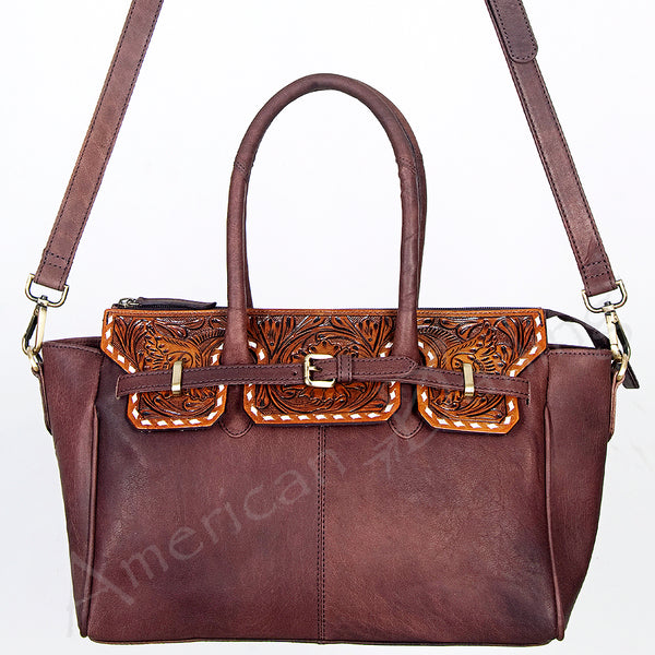 LC-ADBGI151B Tooled Leather Burgundy Western Satchel - Genuine Handcrafted Purse