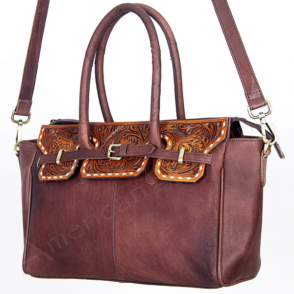 LC-ADBGI151B Tooled Leather Burgundy Western Satchel - Genuine Handcrafted Purse
