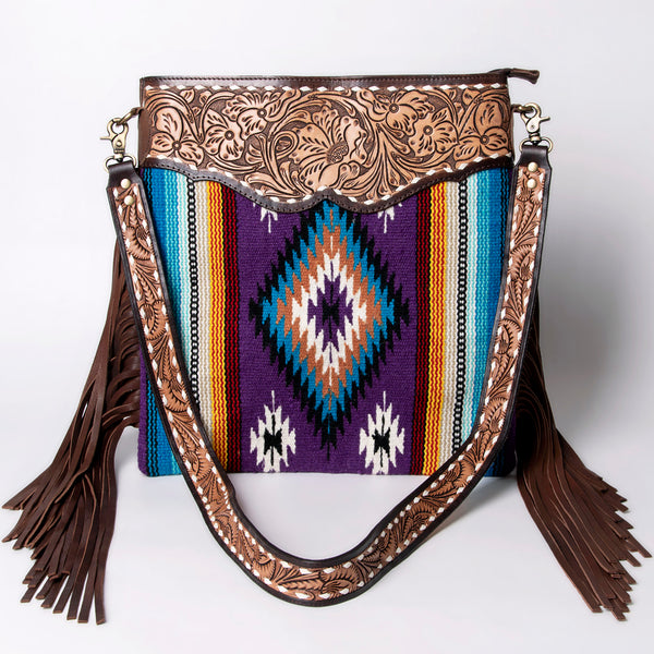 ADBGA115 American Darling Western Hand Tooled Leather Purple Aztec Crossbody Purse