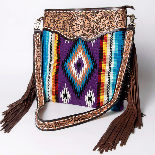 ADBGA115 American Darling Western Hand Tooled Leather Purple Aztec Crossbody Purse