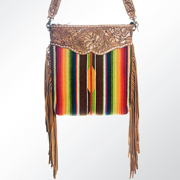 ADBGA116 American Darling Boho Serape & Tooled Leather Fringed Crossbody Bag