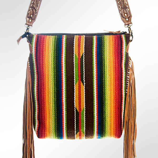 ADBGA116 American Darling Boho Serape & Tooled Leather Fringed Crossbody Bag