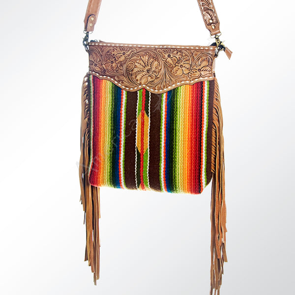 ADBGA116 American Darling Boho Serape & Tooled Leather Fringed Crossbody Bag