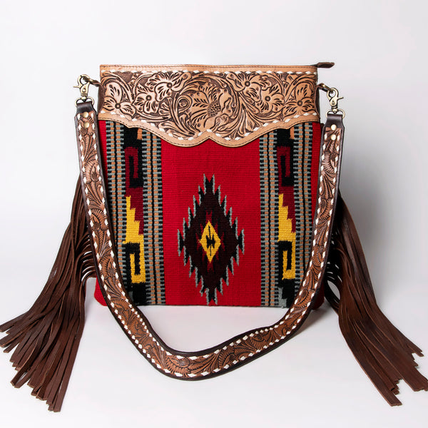 ADBGA118 Red Southwestern Wool Crossbody with Tooled Leather & Fringe Western Artisan Shoulder Bag