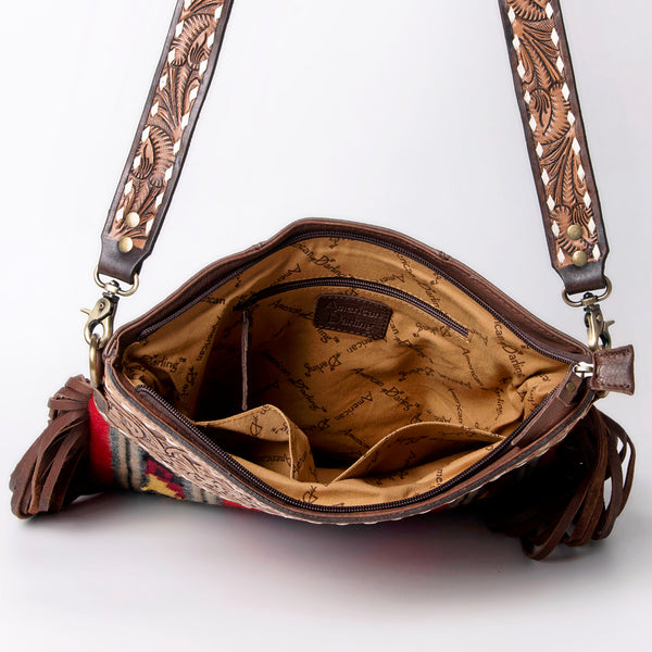 ADBGA118 Red Southwestern Wool Crossbody with Tooled Leather & Fringe Western Artisan Shoulder Bag