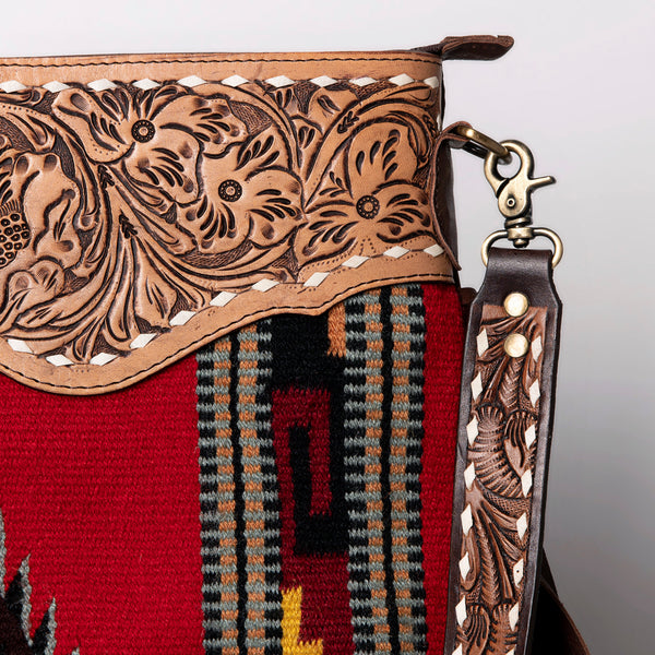 ADBGA118 Red Southwestern Wool Crossbody with Tooled Leather & Fringe Western Artisan Shoulder Bag