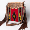 ADBGA118 Red Southwestern Wool Crossbody with Tooled Leather & Fringe Western Artisan Shoulder Bag