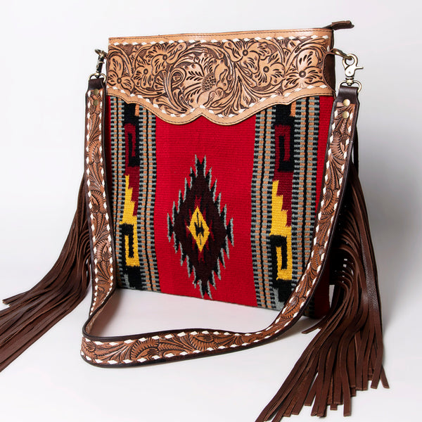 ADBGA118 Red Southwestern Wool Crossbody with Tooled Leather & Fringe Western Artisan Shoulder Bag