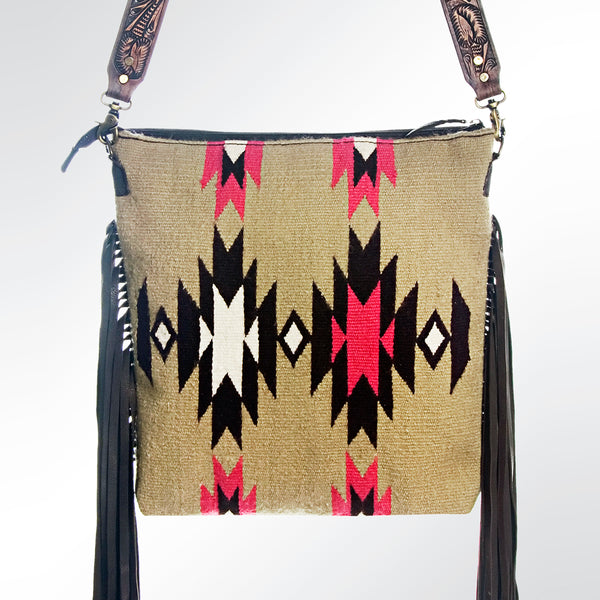ADBGA119 American Darling Tooled Leather Fringed Woven Southwestern Crossbody Purse