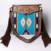 ADBGA120 Turquoise Southwestern Wool Crossbody with Tooled Leather & Fringe Western Artisan Shoulder Bag