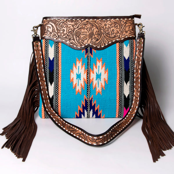 ADBGA120 Turquoise Southwestern Wool Crossbody with Tooled Leather & Fringe Western Artisan Shoulder Bag