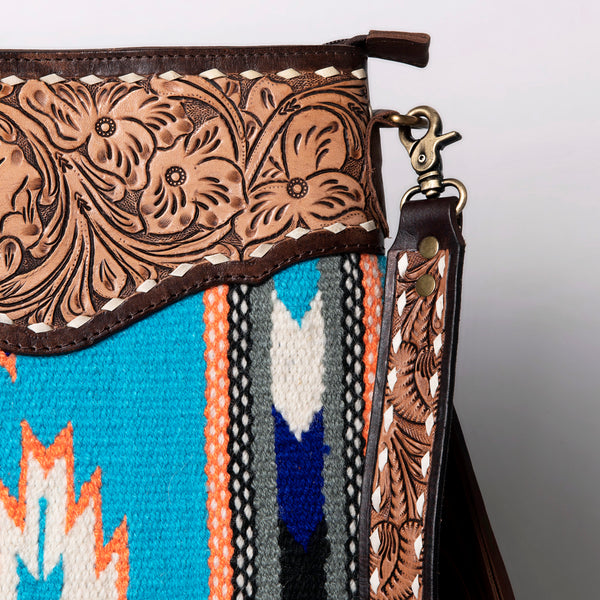 ADBGA120 Turquoise Southwestern Wool Crossbody with Tooled Leather & Fringe Western Artisan Shoulder Bag