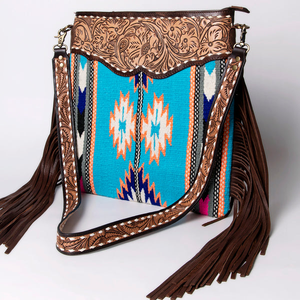 ADBGA120 Turquoise Southwestern Wool Crossbody with Tooled Leather & Fringe Western Artisan Shoulder Bag