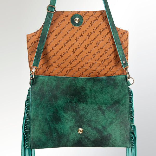 LC-ADBGZ284 Green Genuine suede Western Fringe Bag - Turquoise Studded Crossbody Flap Purse