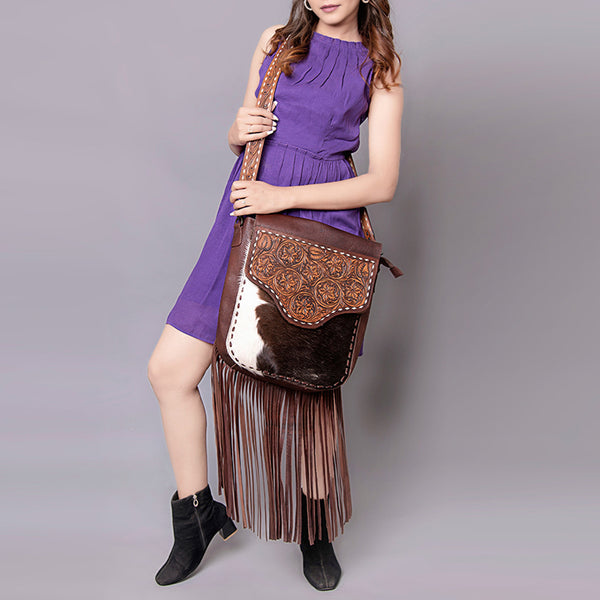 LC-ADBGZ289 Brown Leather & Cowhide Fringe Messenger Bag - Tooled Floral Flap Purse