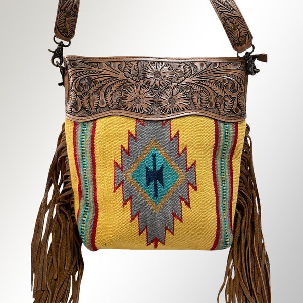 ADBG510 American Darling Tooled Leather & Saddle Blanket Crossbody Bag Western Fringe Purse