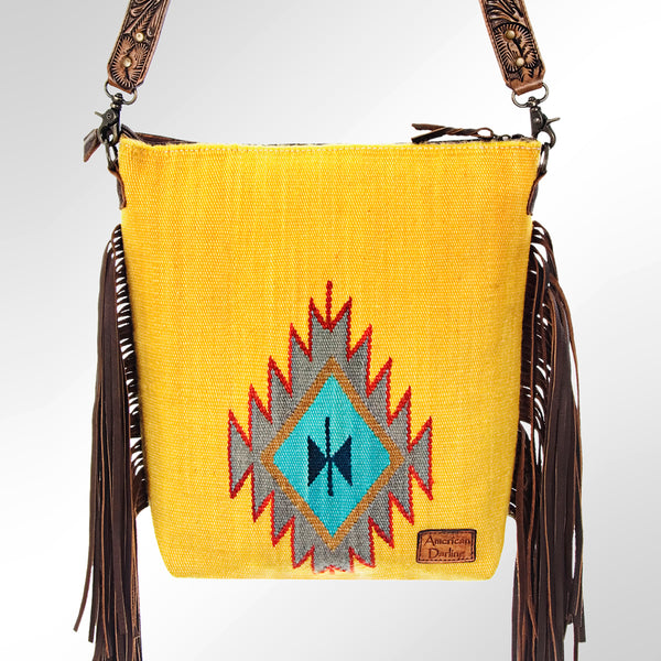 ADBG510 American Darling Tooled Leather & Saddle Blanket Crossbody Bag Western Fringe Purse