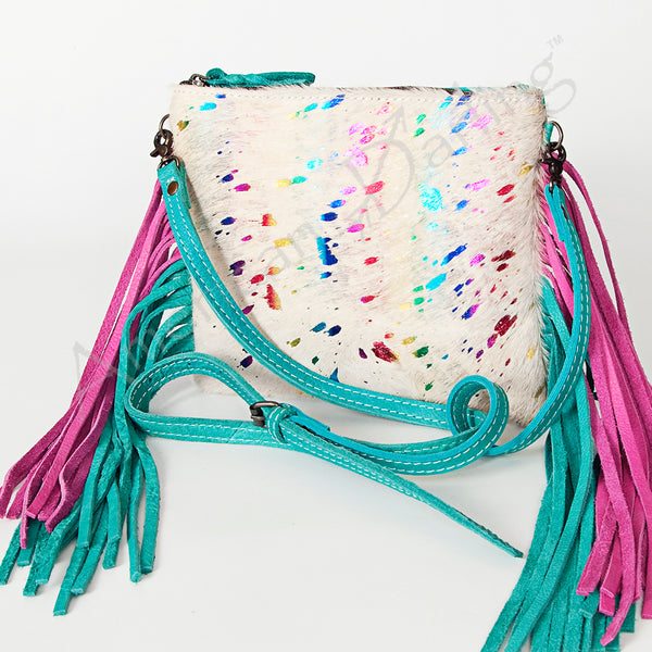 ADBG109 American Darling Hair-On Cowhide Western Crossbody Bag with Leather Fringe Detail