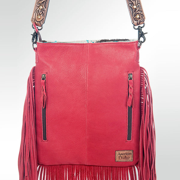 ADBGS192 Splatter Cowhide Large Crossbody Bag with Fringe & Tooled Leather Strap