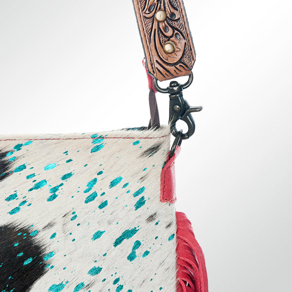 ADBGS192 Splatter Cowhide Large Crossbody Bag with Fringe & Tooled Leather Strap