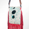 ADBGS192 Splatter Cowhide Large Crossbody Bag with Fringe & Tooled Leather Strap
