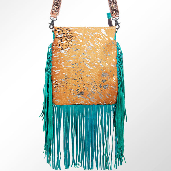 ADBGS192 Splatter Cowhide Large Crossbody Bag with Fringe & Tooled Leather Strap