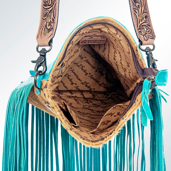 ADBGS192 Splatter Cowhide Large Crossbody Bag with Fringe & Tooled Leather Strap