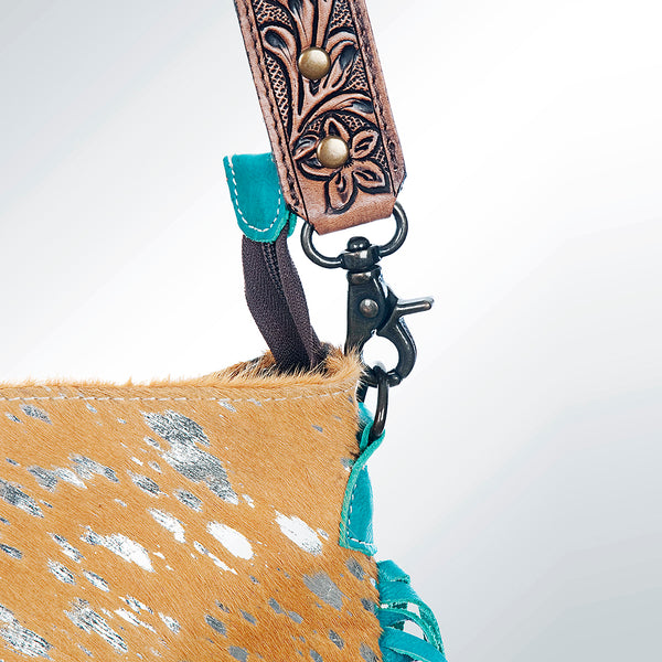 ADBGS192 Splatter Cowhide Large Crossbody Bag with Fringe & Tooled Leather Strap