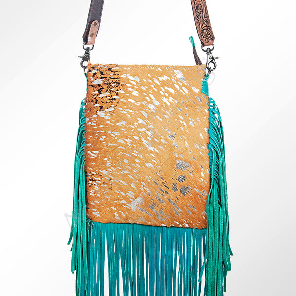 ADBGS192 Splatter Cowhide Large Crossbody Bag with Fringe & Tooled Leather Strap