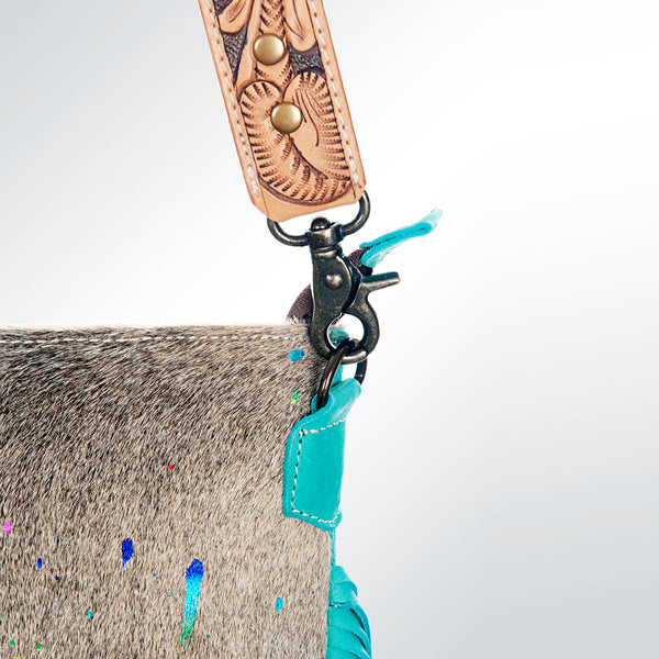 ADBGS192 Natural Cowhide Large Crossbody Bag with Fringe - Tooled Strap Western Purse