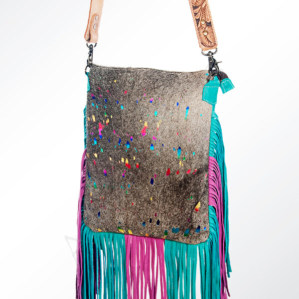 ADBGS192 Natural Cowhide Large Crossbody Bag with Fringe - Tooled Strap Western Purse