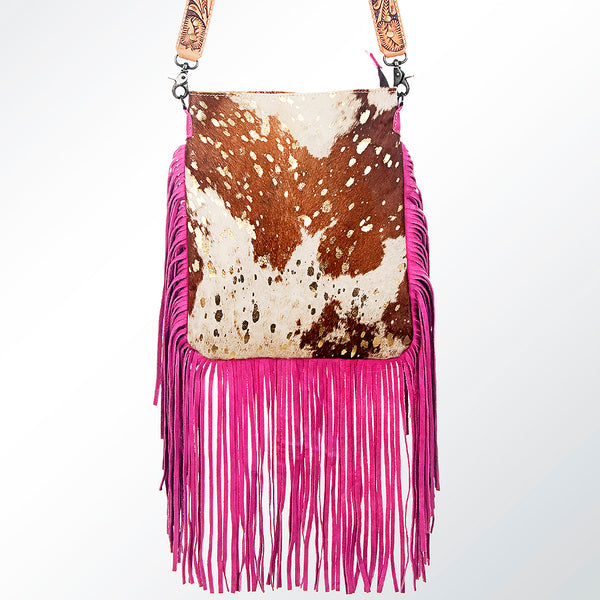 ADBGS192 Splatter Cowhide Large Crossbody Bag with Fringe & Tooled Leather Strap