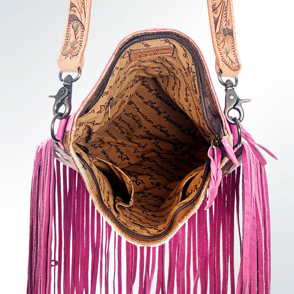 ADBGS192 Splatter Cowhide Large Crossbody Bag with Fringe & Tooled Leather Strap