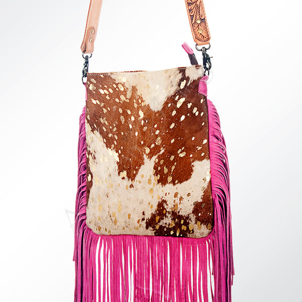 ADBGS192 Splatter Cowhide Large Crossbody Bag with Fringe & Tooled Leather Strap